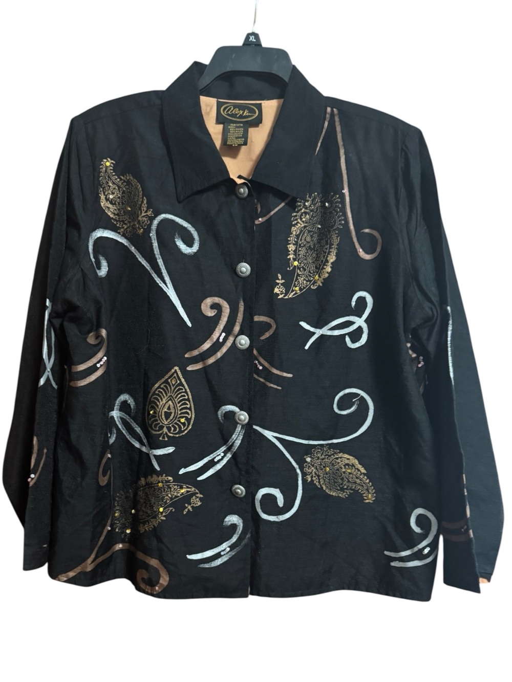 Vintage Alex Kim Art to Wear Jacket Black Paisley Embroidered Button Down Sz 1X